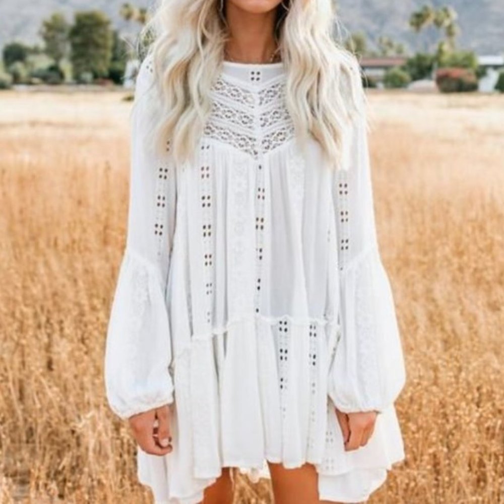 Free People White Crochet-Detail Babydoll Tunic